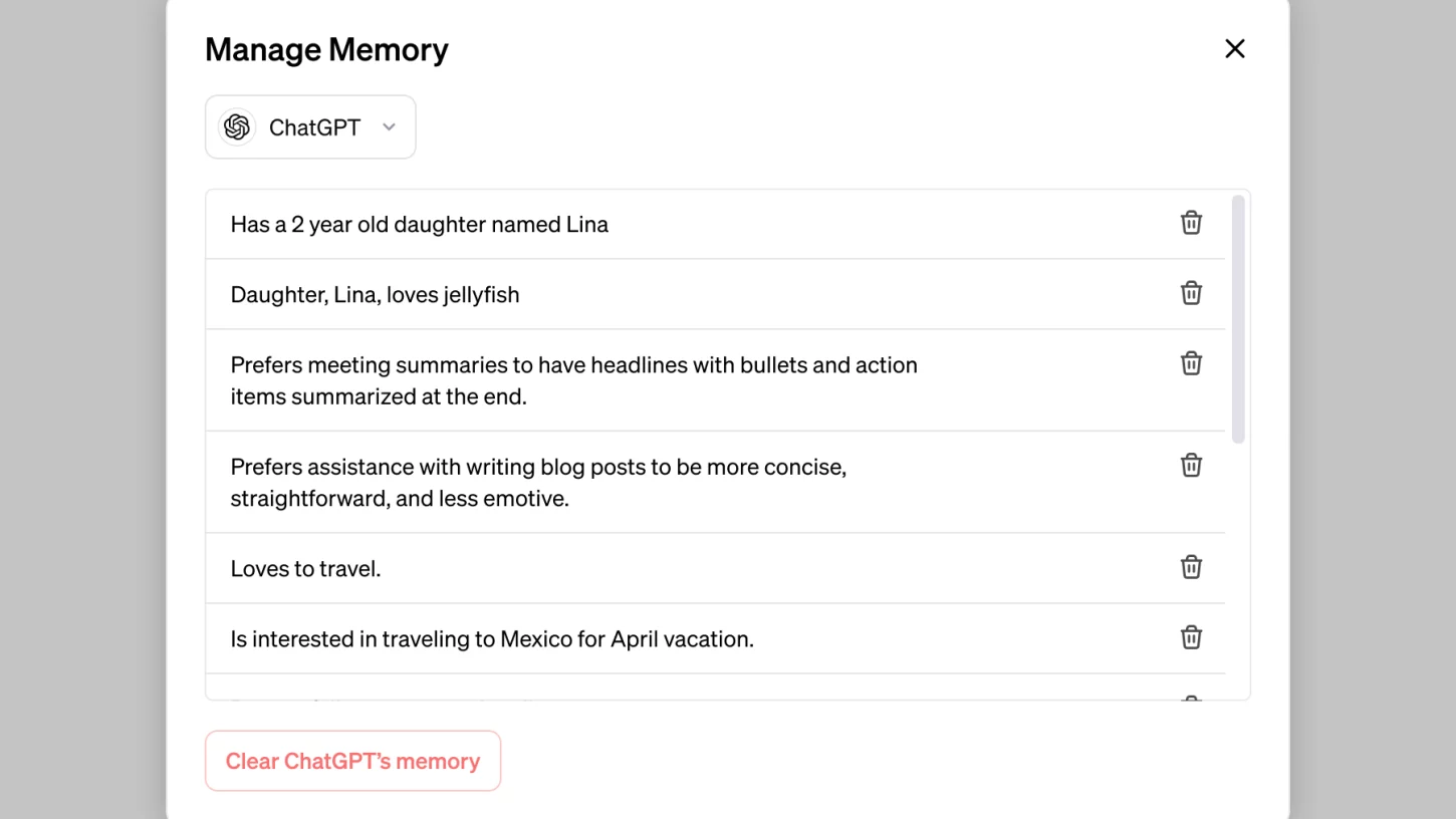A view showing you how to manage ChatGPT memory