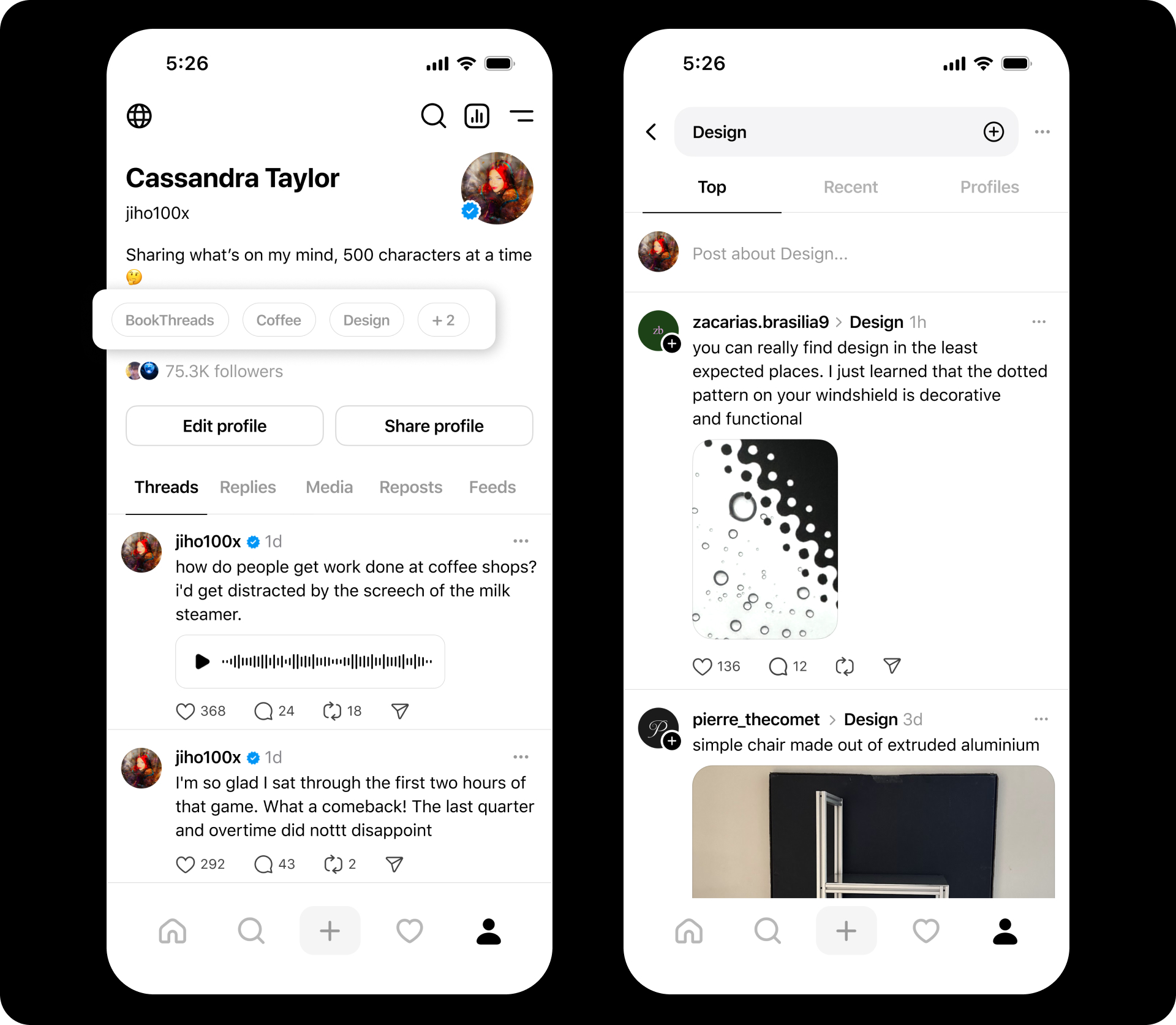 Threads app screenshot showing profile with personalized topic tags and topic-based feed, highlighting how users can connect through shared interests.